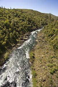 Aerial of South Fork American River flowing scenic landscape in California, USA