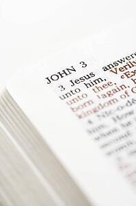 Selective focus of John 3 verses in open Holy Bible.