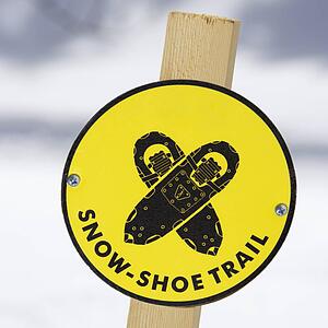 Yellow snowshoe trail sign.