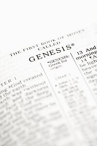 Selective focus of Genesis verses in open Holy Bible.