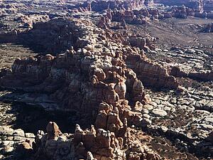 Aerial view of rock formations in Utah Canyonlands