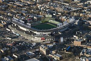 Aerial view of Wrigley Field in Chicago, Illinois.