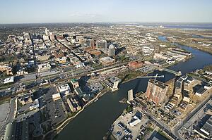 Aerial view of Baltimore, Maryland with river and drawbridges