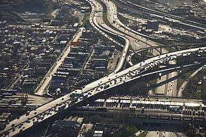 Aerial view of Interstate 90 and 94 crossing Interstate 55 in Chicago, Illinois.