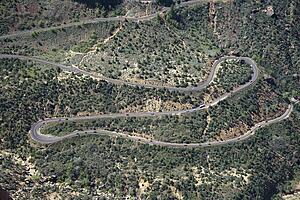 Aerial of winding Route 9 road in Zion National Park of Utah, USA.