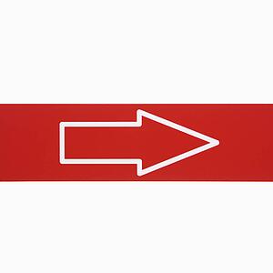 Red sign with arrow against white background.