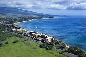 Aerial of Maui, Hawaii coastline with hotel resorts