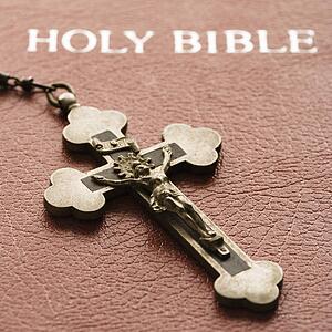 Crucifix laying on cover of closed Holy Bible
