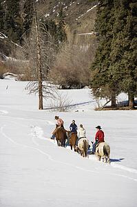Small group of people horseback riding in snow covered landscape in Colorado, USA.