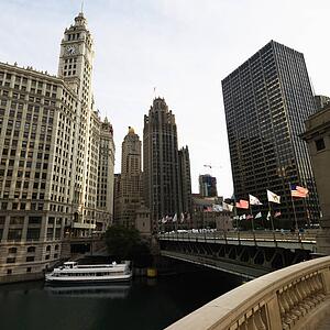 Chicago River scene with bridge and boat in Chicago, Illinois.