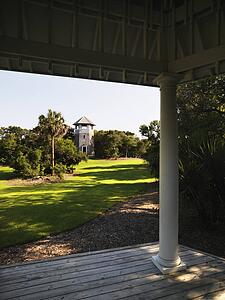 Lookout tower at park from covered porch at Bald Head Island, North Carolina.
