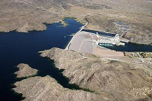 Aerial of Davis Dam on the border of Arizona and Nevada, USA.