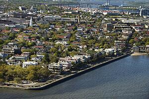 Aerial view of waterfront buildings in Charleston, South Carolina