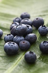 Group of blueberries on banana leaf.