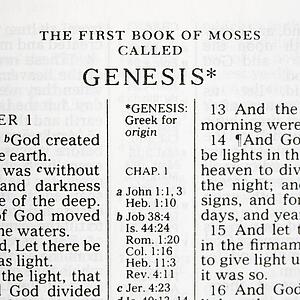 Close up of verses of Genesis in Holy Bible