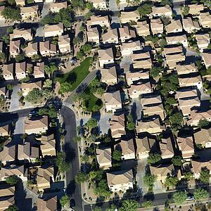 Aerial of suburban neighborhood on outskirts of Phoenix, Arizona.