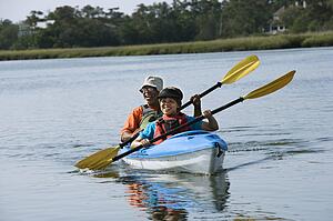 Couple smiling and paddling kayak