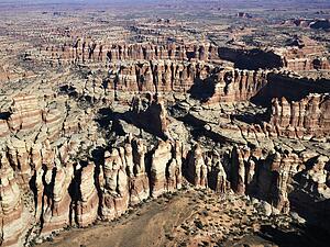Aerial view of rock formations in Utah Canyonlands
