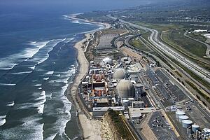 Aerial of nuclear power plant on California coast, USA.