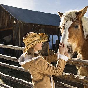 Woman petting horse with stable