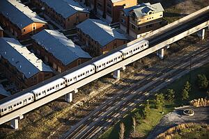 Aerial view of commuter train in Chicago, Illinois