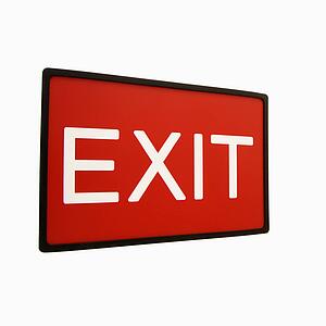 Red exit sign against white background.