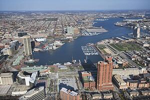 Aerial view of the Inner Harbor in Baltimore, Maryland.