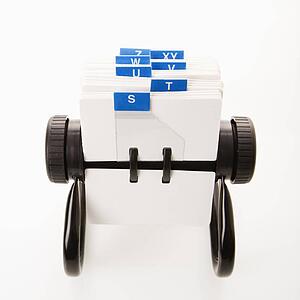 Rolodex with blue letter tabs