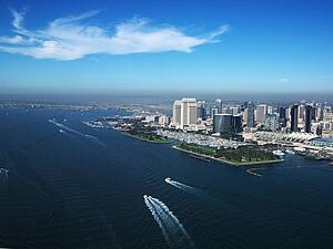 Aerial view of buildings on coast in San Diego, California