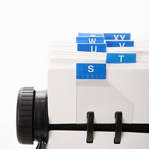 Detail of rolodex with blue tabs
