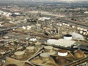 Aerial view of liquid storage tanks in Los Angeles California oil refinery