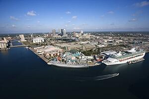 Aerial view of Tampa Bay Area, Florida with water and cruise ship.