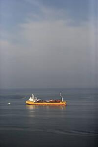 Aerial view of oil tanker on Atlantic Ocean.