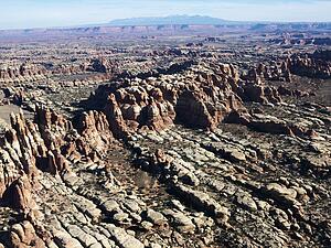 Aerial view of rock formations in Utah Canyonlands