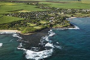 Aerial view of coastal community in Maui, Hawaii.