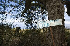 Sign reading please do not litter with tree and clouds in background.