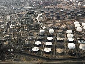Aerial view of liquid storage tanks in Los Angeles California oil refinery