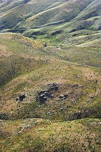 Aerial of rolling landscape in California countryside