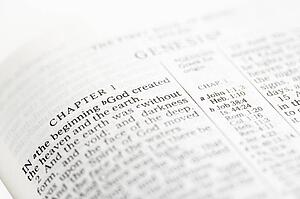 Selective focus of Genesis verses in open Holy Bible.