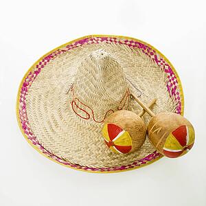 Pair of handmade Mexican maracas and sombrero