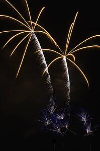 Colorful fireworks exploding in night sky.