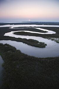 Winding waterway in marshland at Baldhead Island, North Carolina