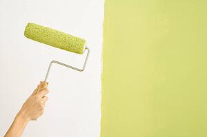 Caucasian female hand holding paint roller next to wall half painted.
