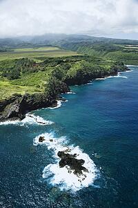 Aerial view of rocky coastline of Maui, Hawaii.