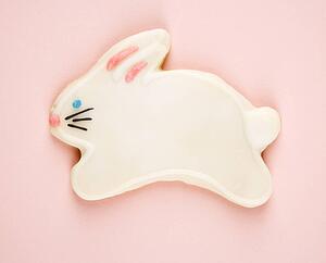 Sugar cookie shaped like rabbit with decorative icing.