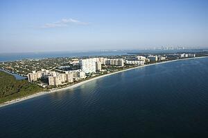Aerial view of resort buildings on Key Biscayne beach, Florida