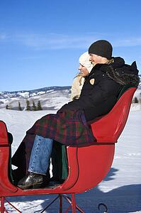 Side view of happy young couple seated in sleigh.