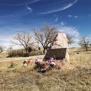 Quartz tombstone with flowers around it in cemetary.