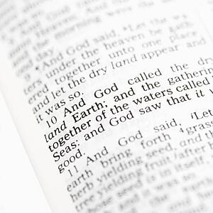 Selective focus of Genesis verses in open Holy Bible.