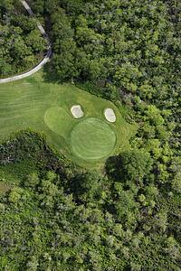 Aerial view of golf hole on golf course